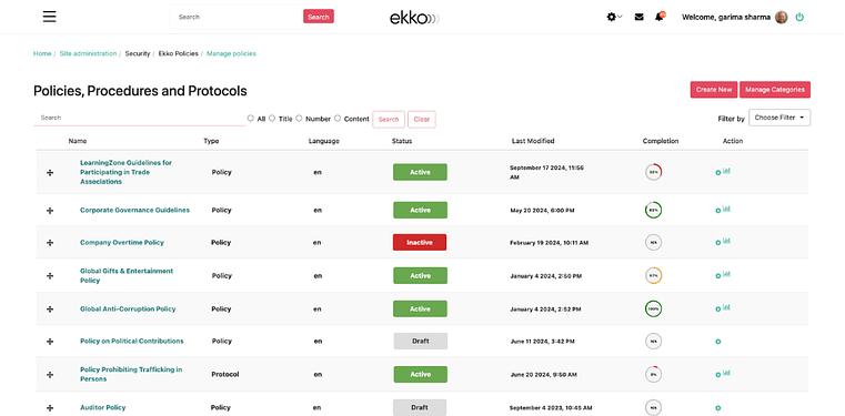 Ekko policy management page